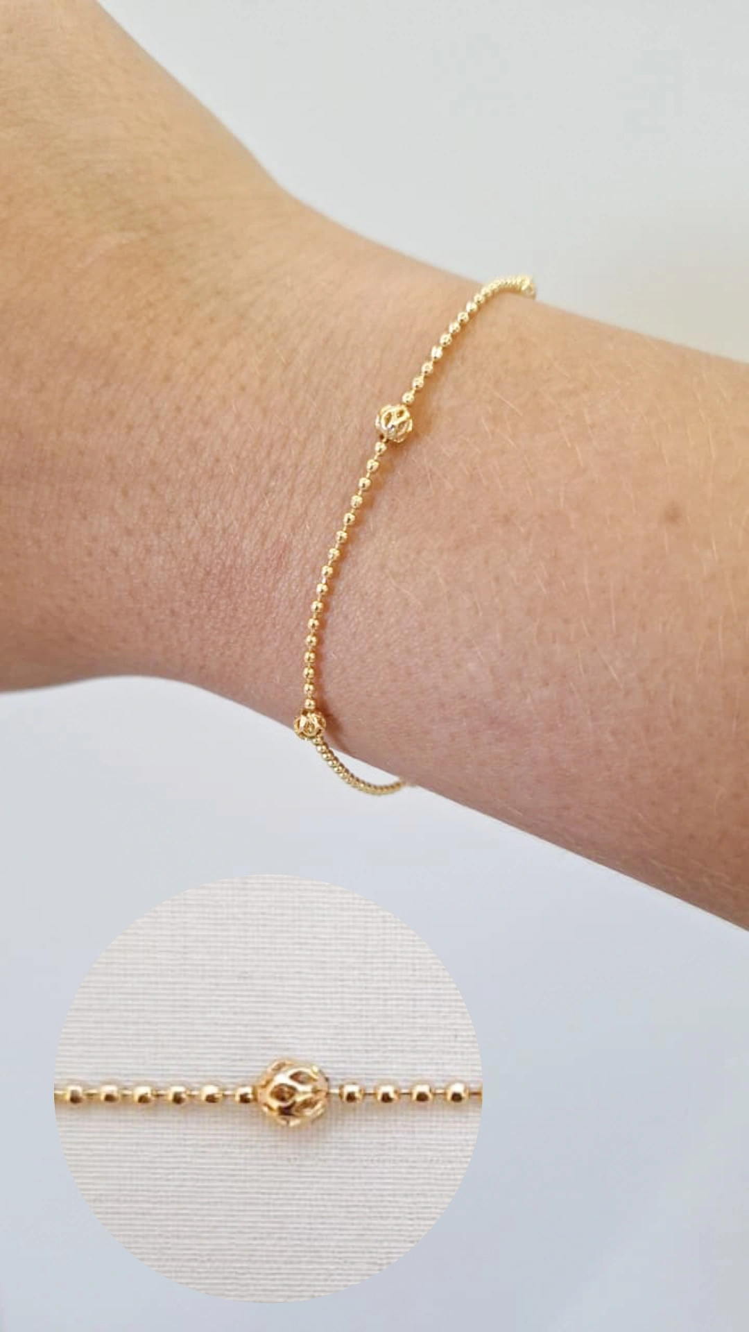Pulseira Bolinhas Contínuas Com Esferas Ocas Ouro 18 k
