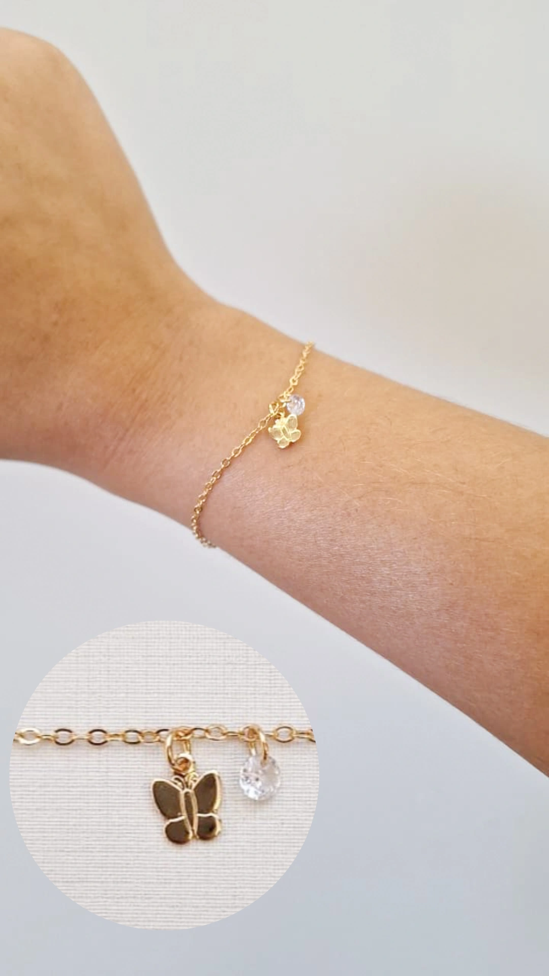 Pulseira Infantil Elo Port Borboleta e Cristal Ouro 18 k