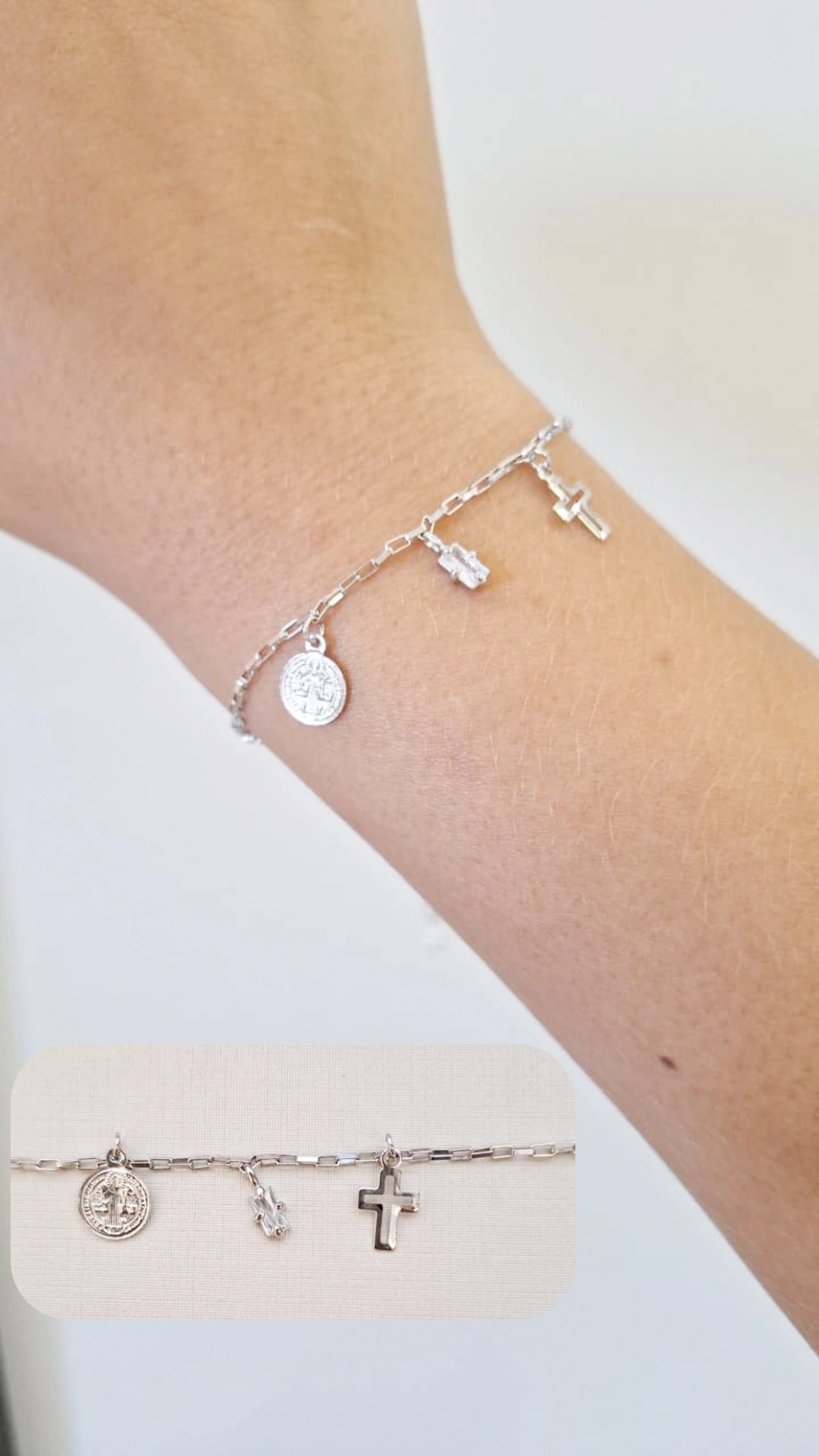 Pulseira Elos Mini Cartier São Bento Zirconia e Cruz Ródio Branco