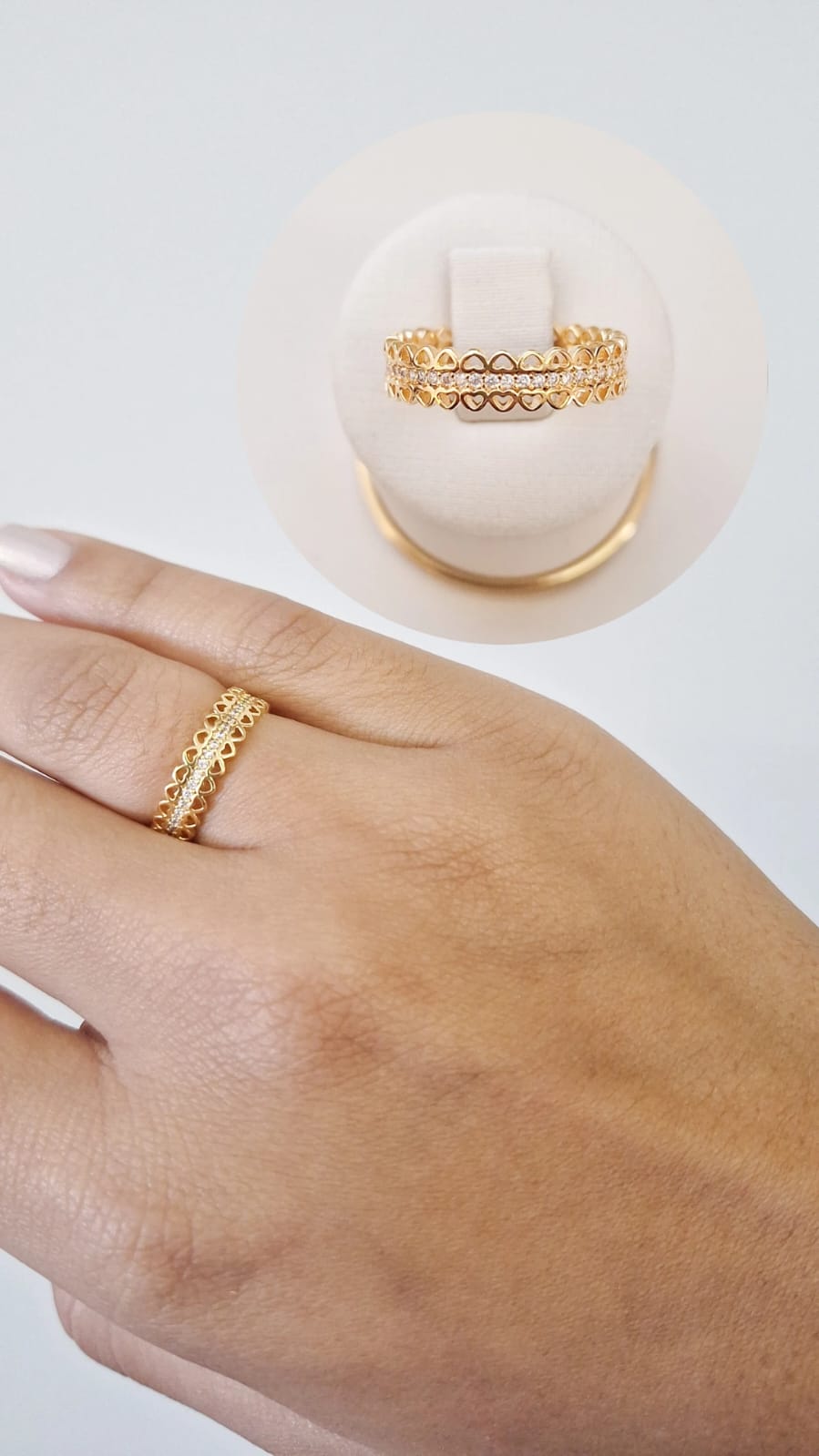 2 Fileiras Mini Corações e 1 Zirconia Cristal Ouro 18 k