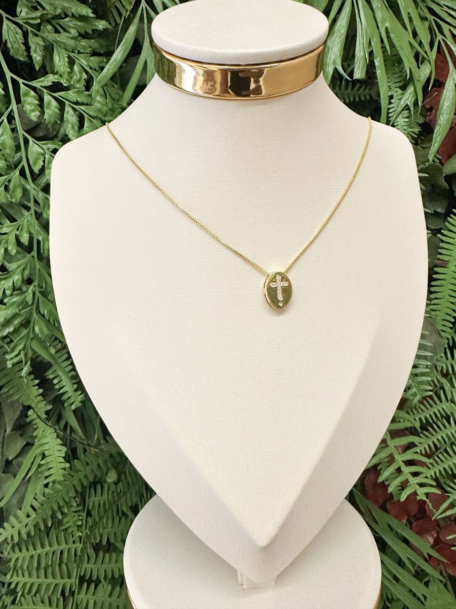 Colar Medalha Oval Cruz Cravejado Ponto Ouro 18 k