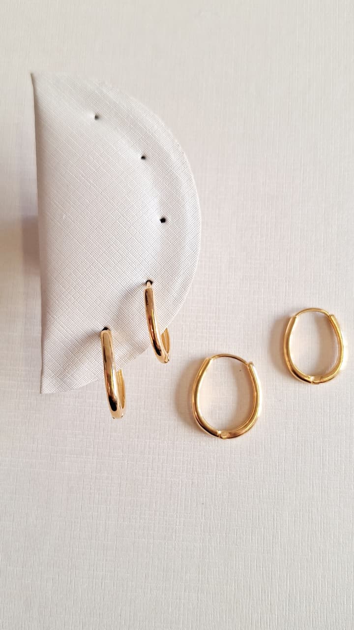 Dupla Argola Bolsa Trapezio Fina Lisa  Ouro 18 k