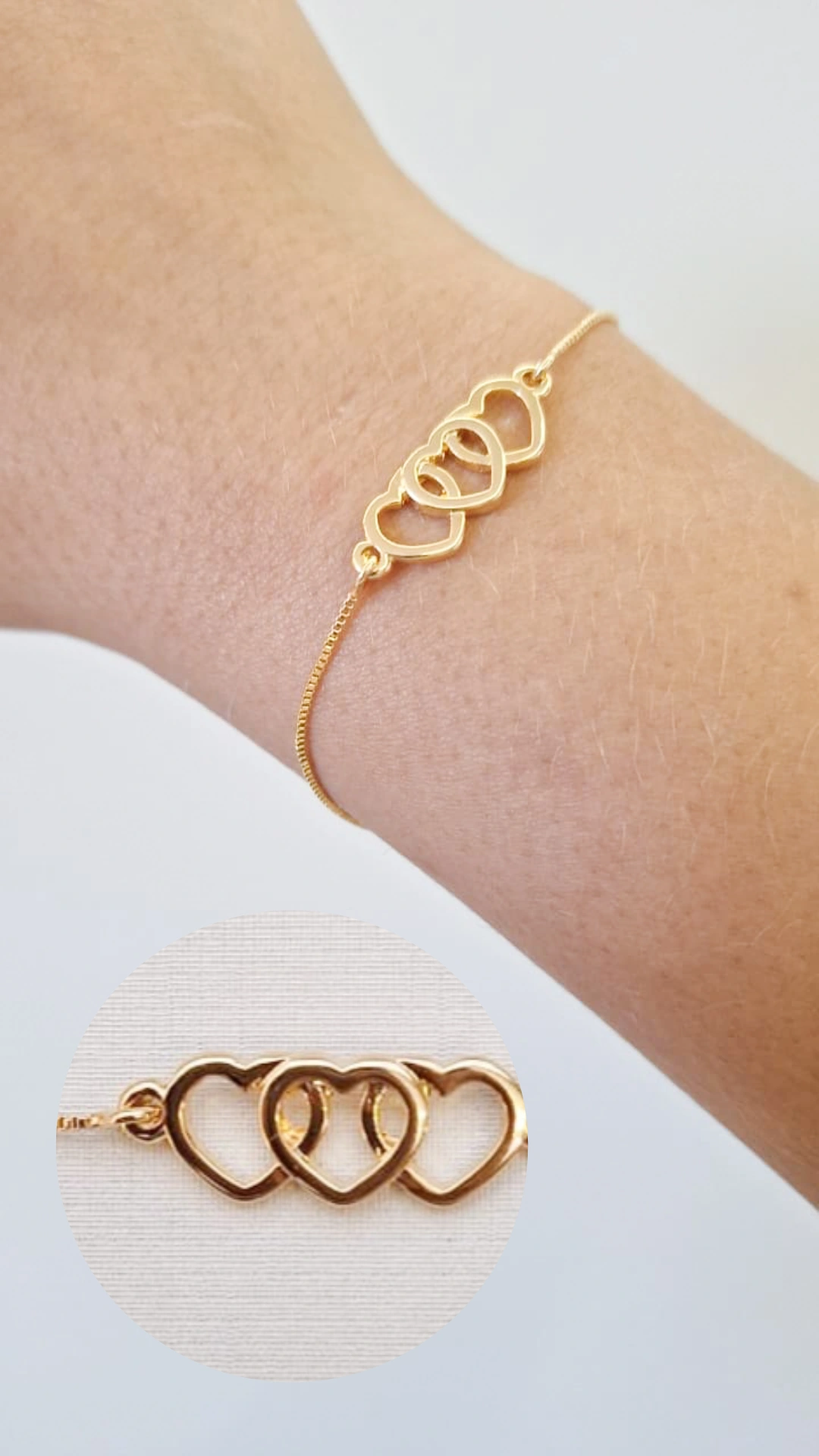 Pulseiras Veneziana 3 Coração Juntos  Ouro 18 k