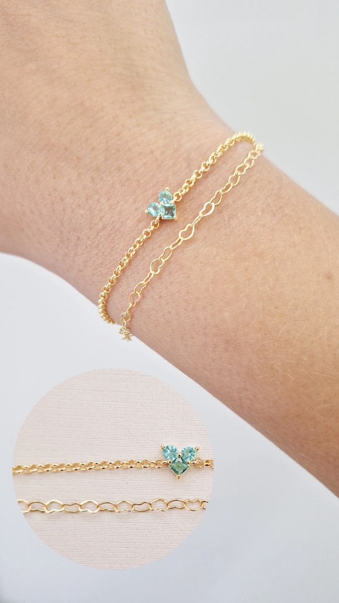 Pulseiras  2 Correntes Corações e Elo Portugues Coração Cristal Turmalina Ouro 18 k