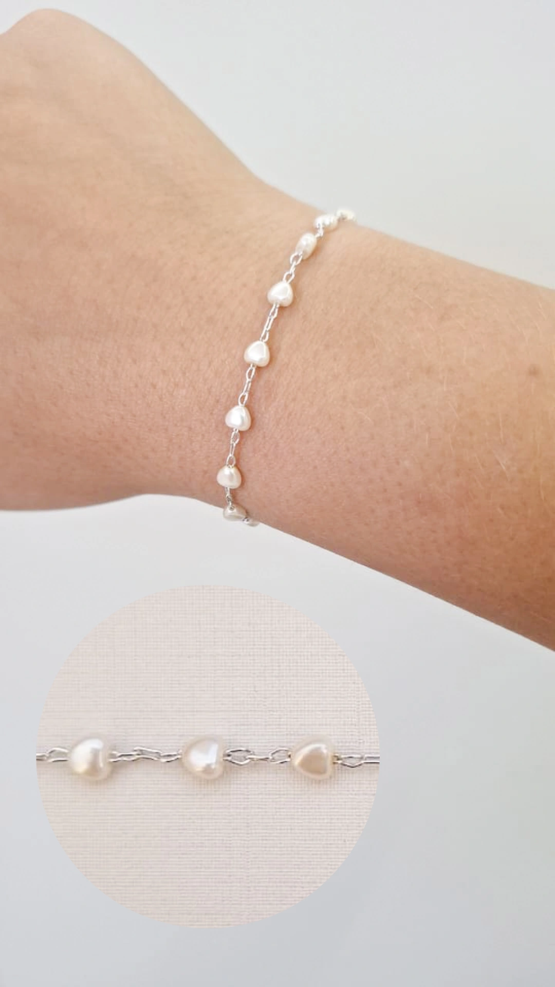 Pulseiras Mini Pérola Coração Delicada Ródio Branco