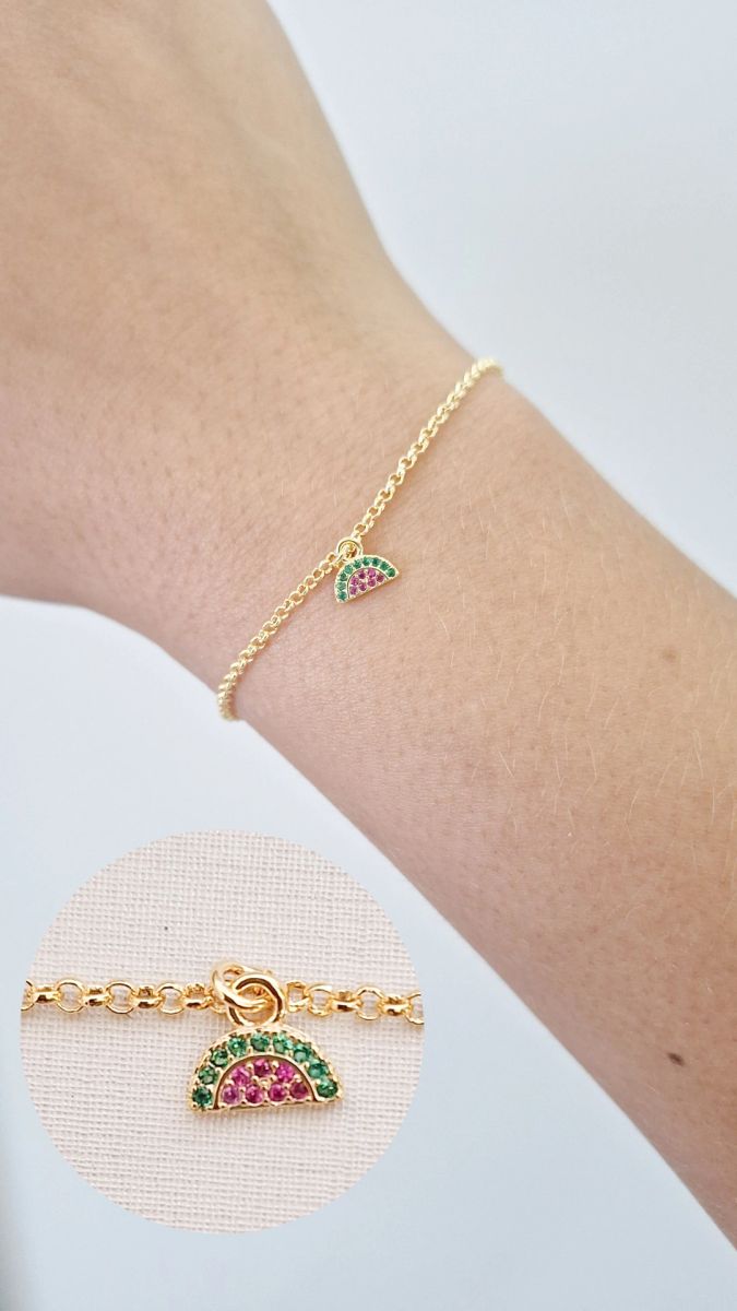 Pulseiras Infantil Mini Melancia Pend Cravejada Ouro 18 k