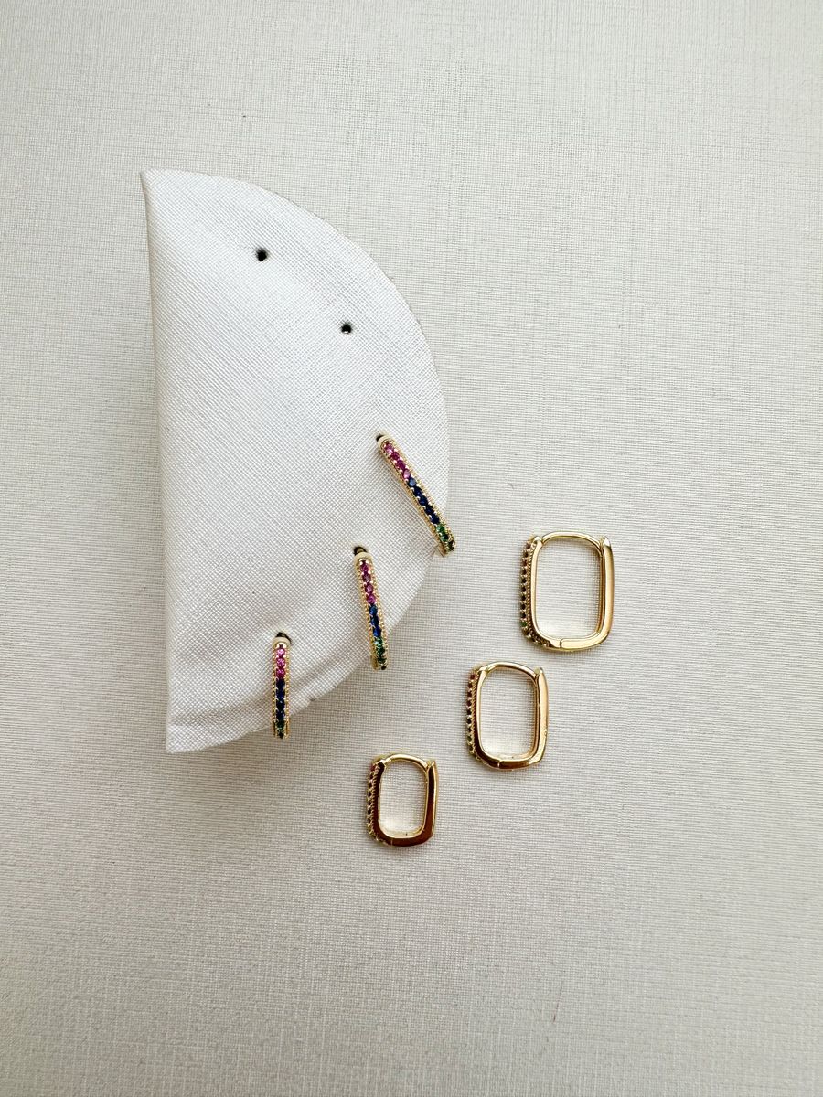 Trio Argola Meio Quadrada Meia Oval Coloridas Ouro 18 k