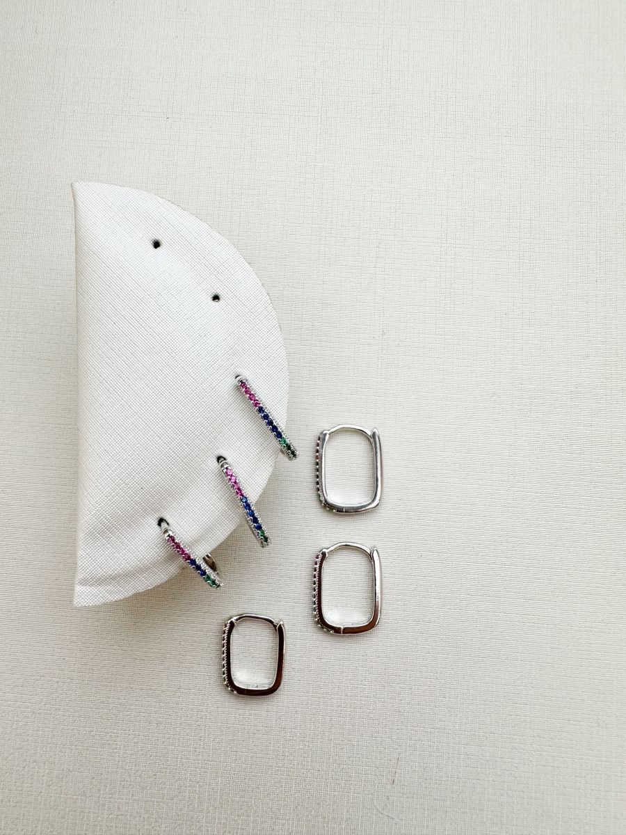 Trio Argola Meio Quadrada Meia Oval Coloridas Ródio Branco