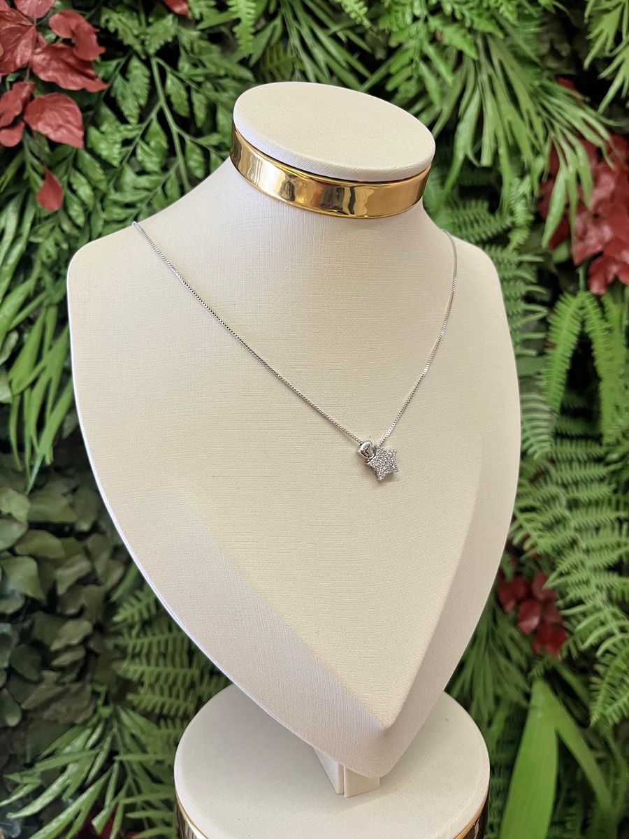 Colar Gargantilha Estrela Cravejada e Mini Coração Ródio Branco