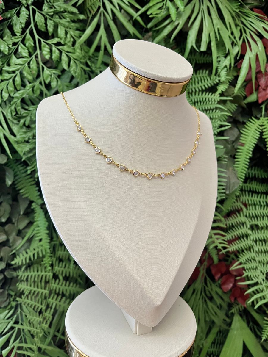 Choker Coração de Ponto de Zirconias Ouro 18 k