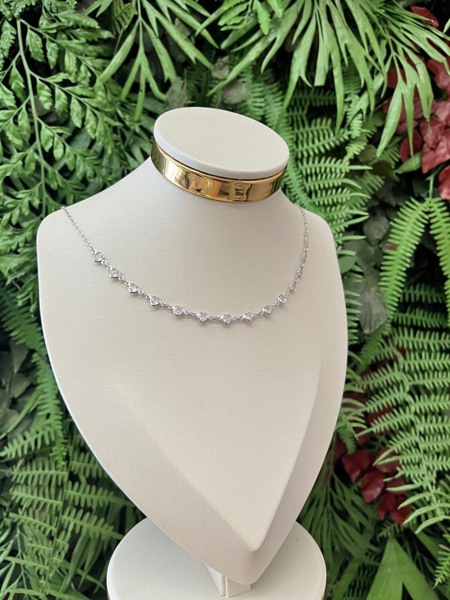 Choker Coração de Ponto de Zirconias Ródio Branco