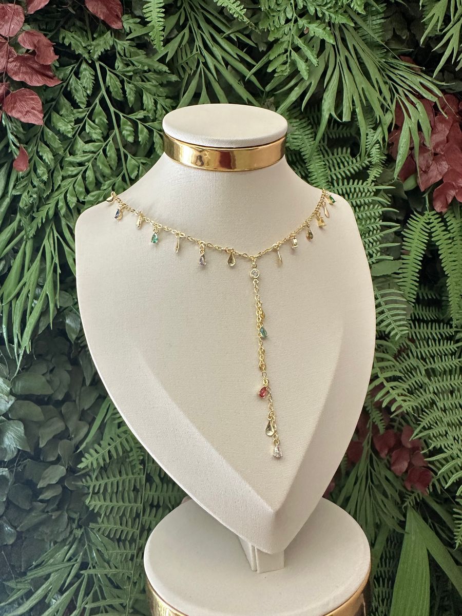Colar Gravata Gota Coloridas e Gotinhas Lisas Ouro 18 k