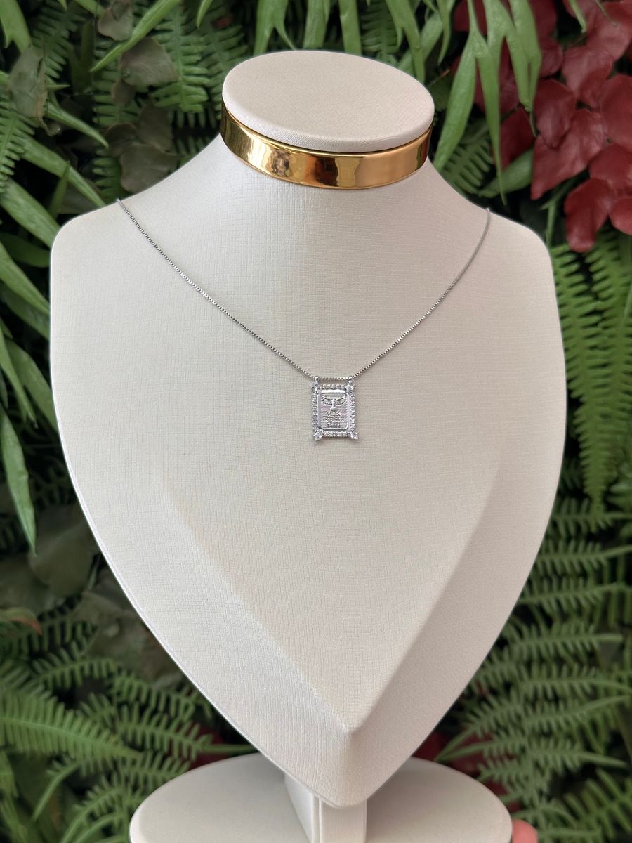 Colar Gargantilha Quadro Cravejado Vinde Espirito Santo Ródio Branco