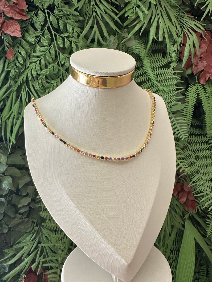 Choker Zirconia Coloridas Redondas Cravação Inglesa Ouro 18 k