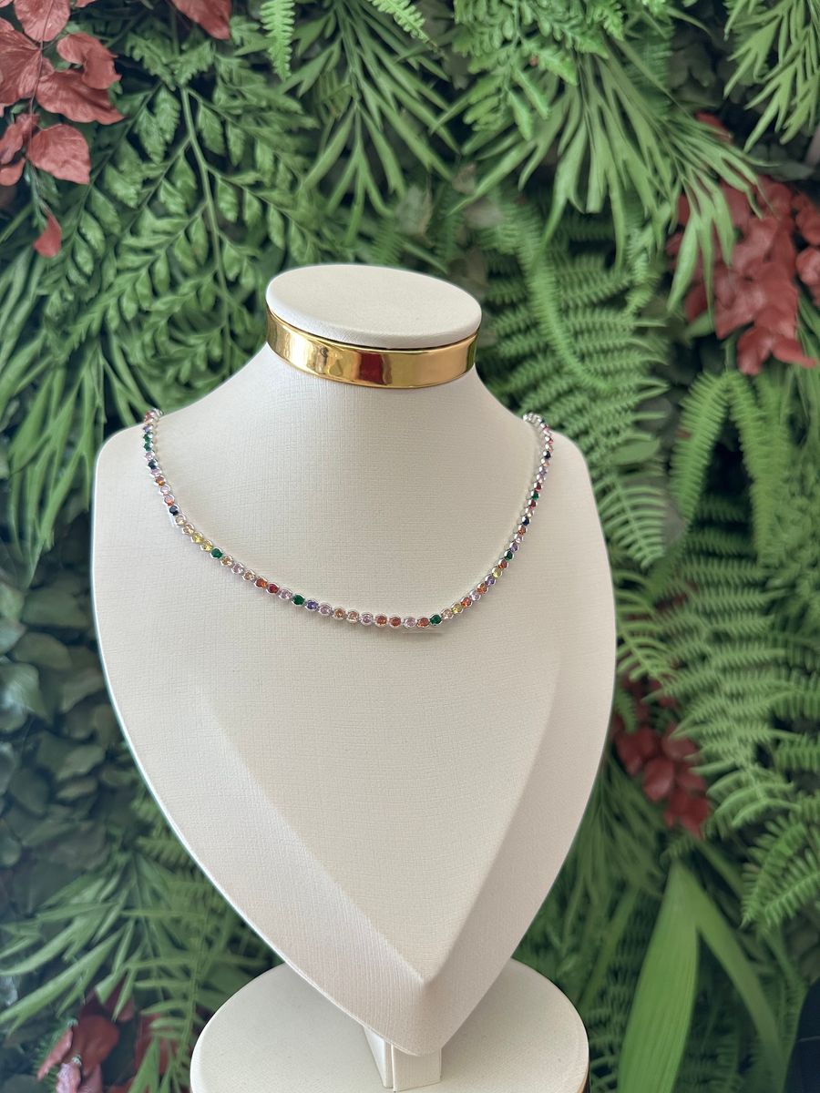 Choker Zirconia Coloridas Redondas Cravação Inglesa Ródio Branco