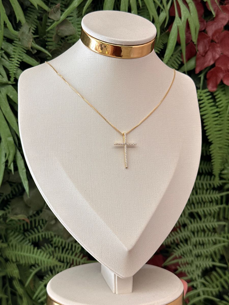 Colar Gargantilha Cruz Palito com Zirconia Ouro 18 k
