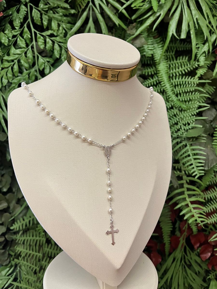 Colar Rosário Pérola 4MM Ródio Branco