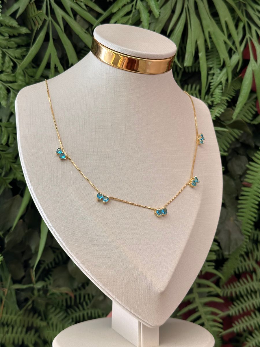 Colar Colar Veneziana Com Par de Corações Azul Ouro 18 k