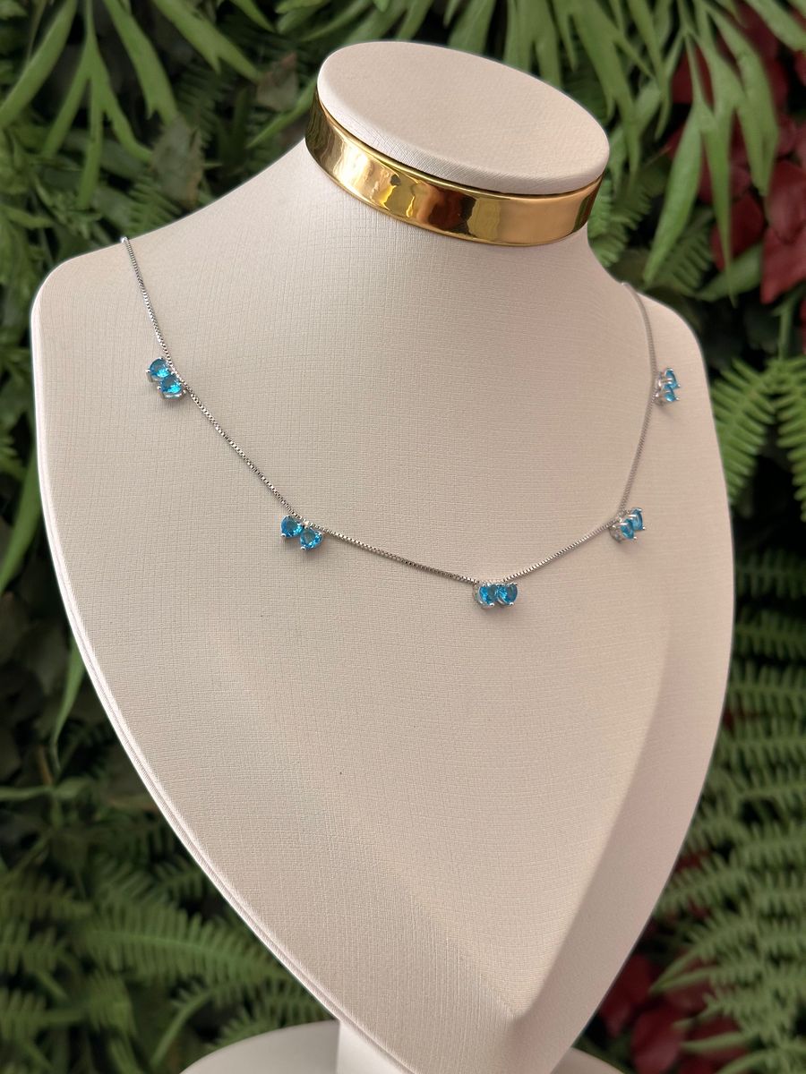 Colar Colar Veneziana Com Par de Corações Azul Ródio Branco