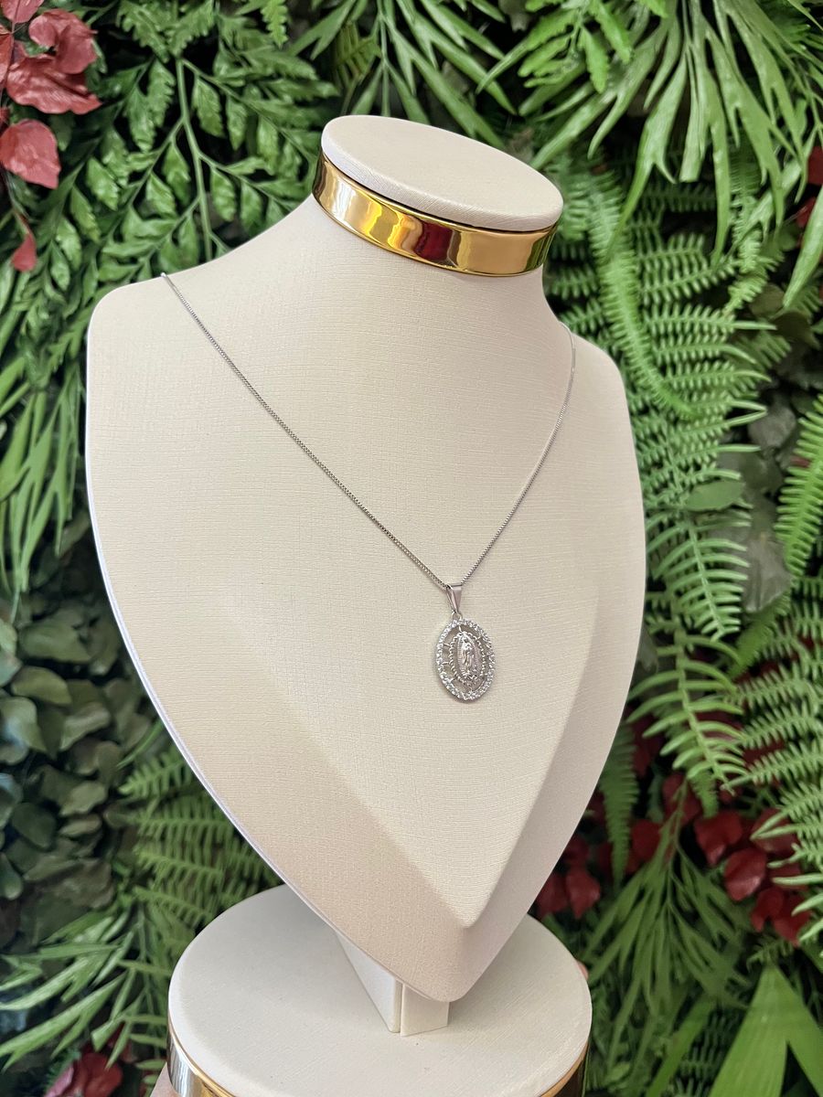 Colar Nossa Senhora das Graças Borda Cravejada Ródio Branco