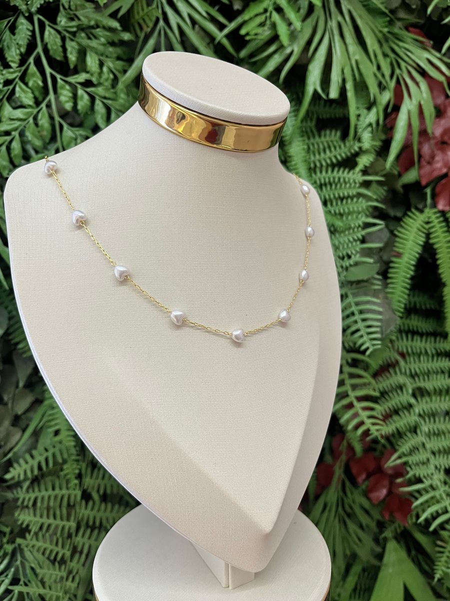 Choker Elos e Pérola Coração furo vertical Ouro 18 k
