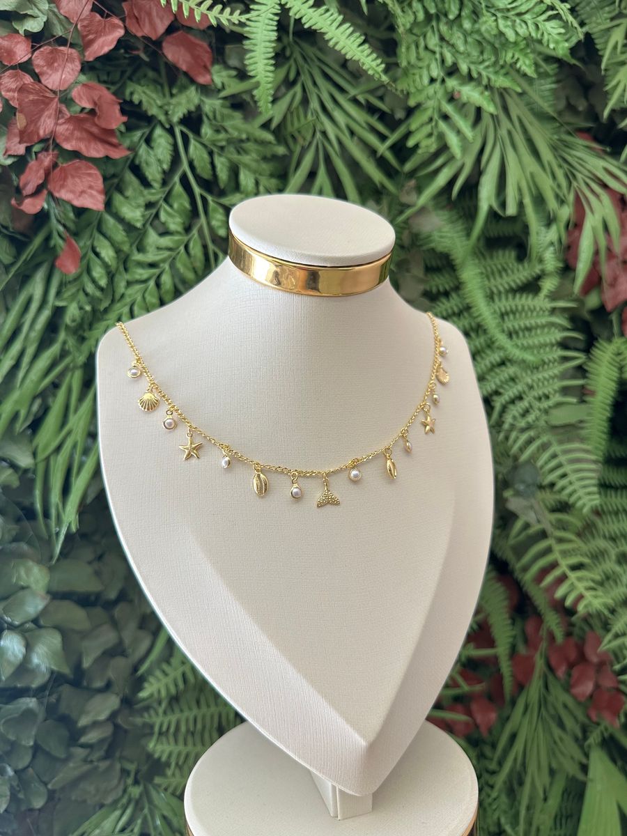 Choker Praia, Conchas e Pérola 40cm Ouro 18 k