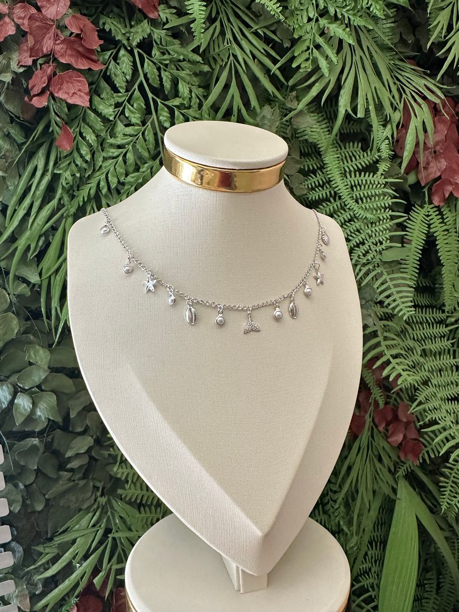 Choker Praia, Conchas e Pérola 40cm Ródio Branco