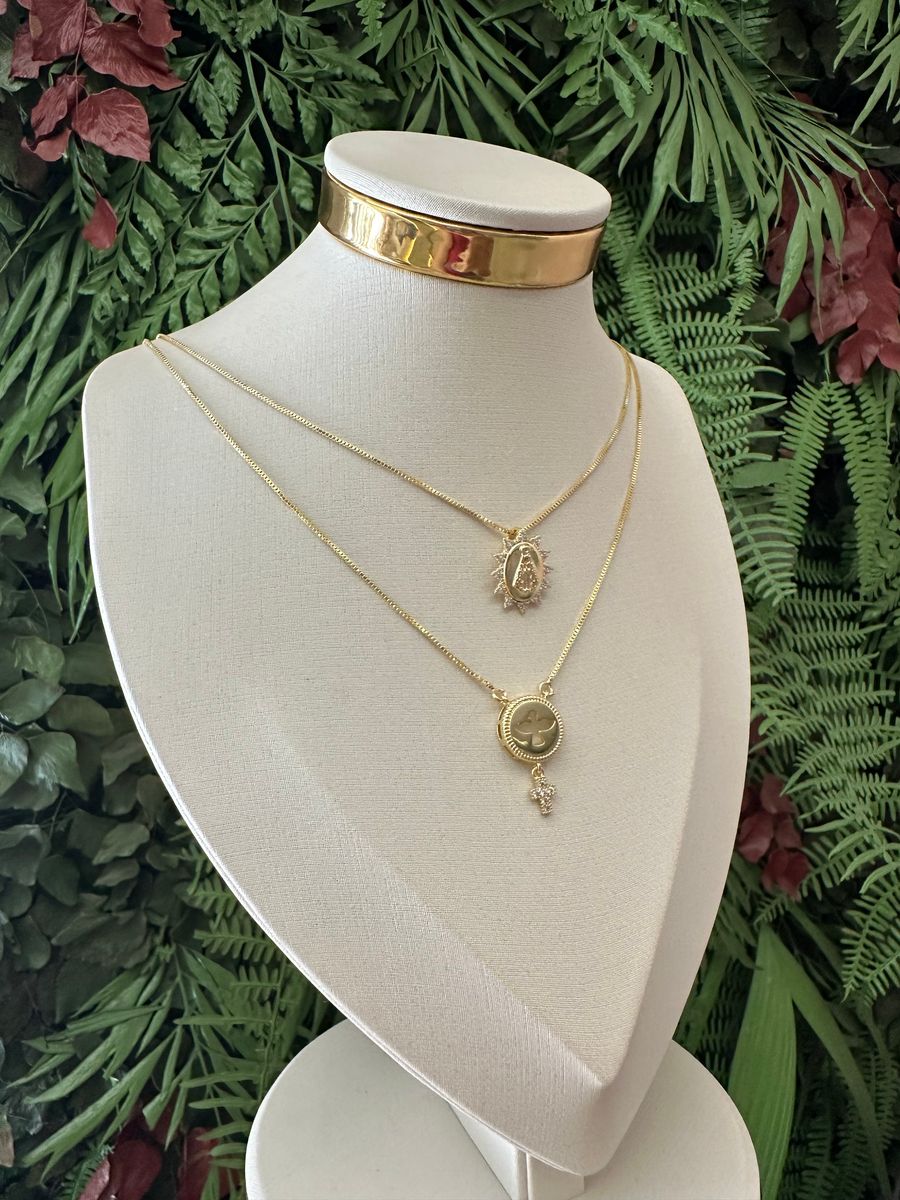 Colar Dupla Nossa Senhora e Espirito Santo Ouro 18 k