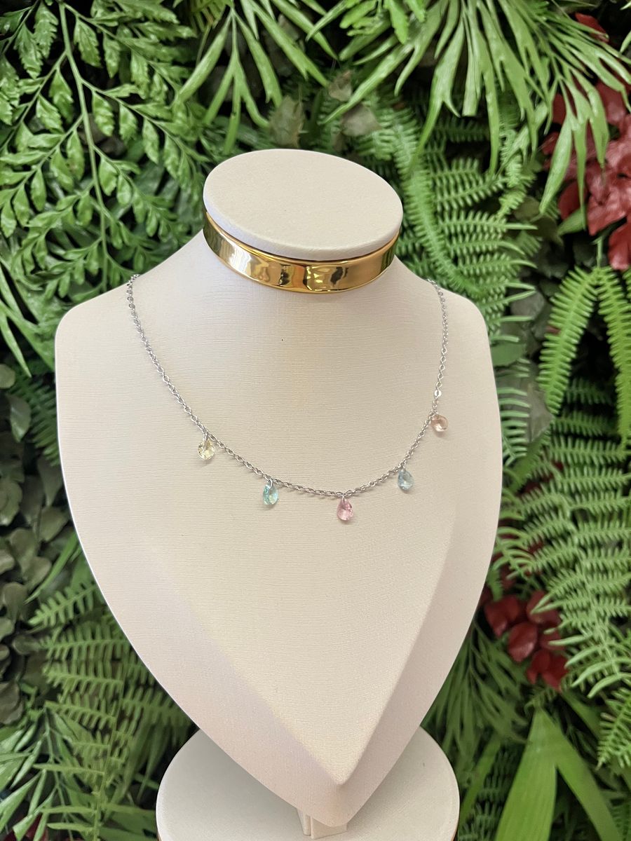Choker 5 Gotas Vidro Tons Claro Ródio Branco
