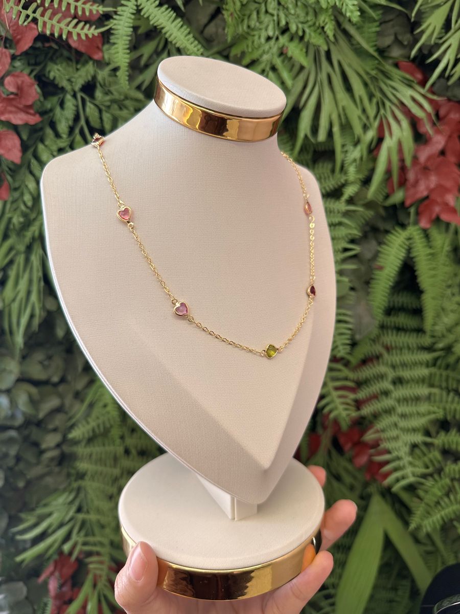 Colar Coração Colorido Deitado Ouro 18 k