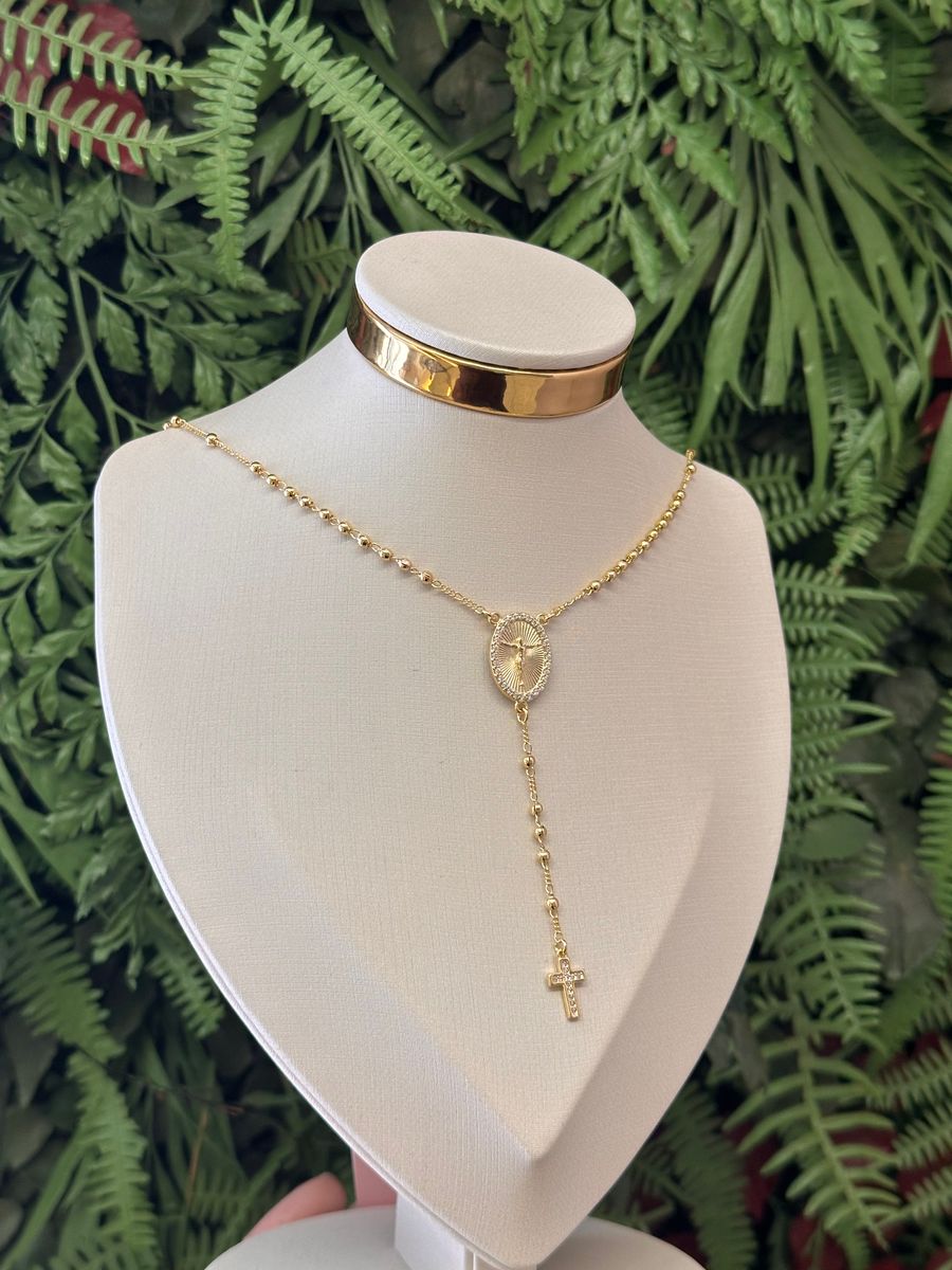 Colar Rosário Cristo e Cruz Cravejado Ouro 18 k