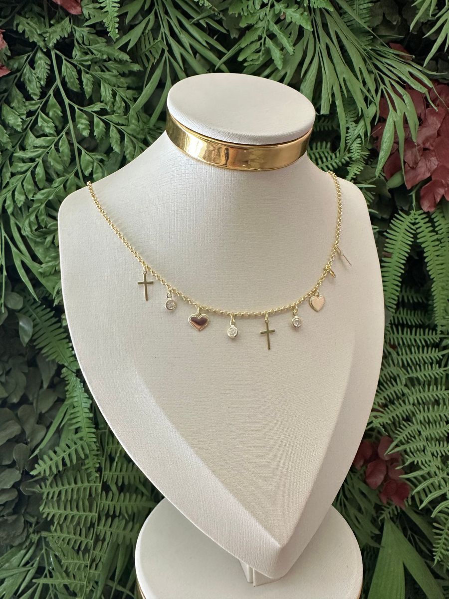 Colar Corações Zirconias e Cruz Ouro 18 k