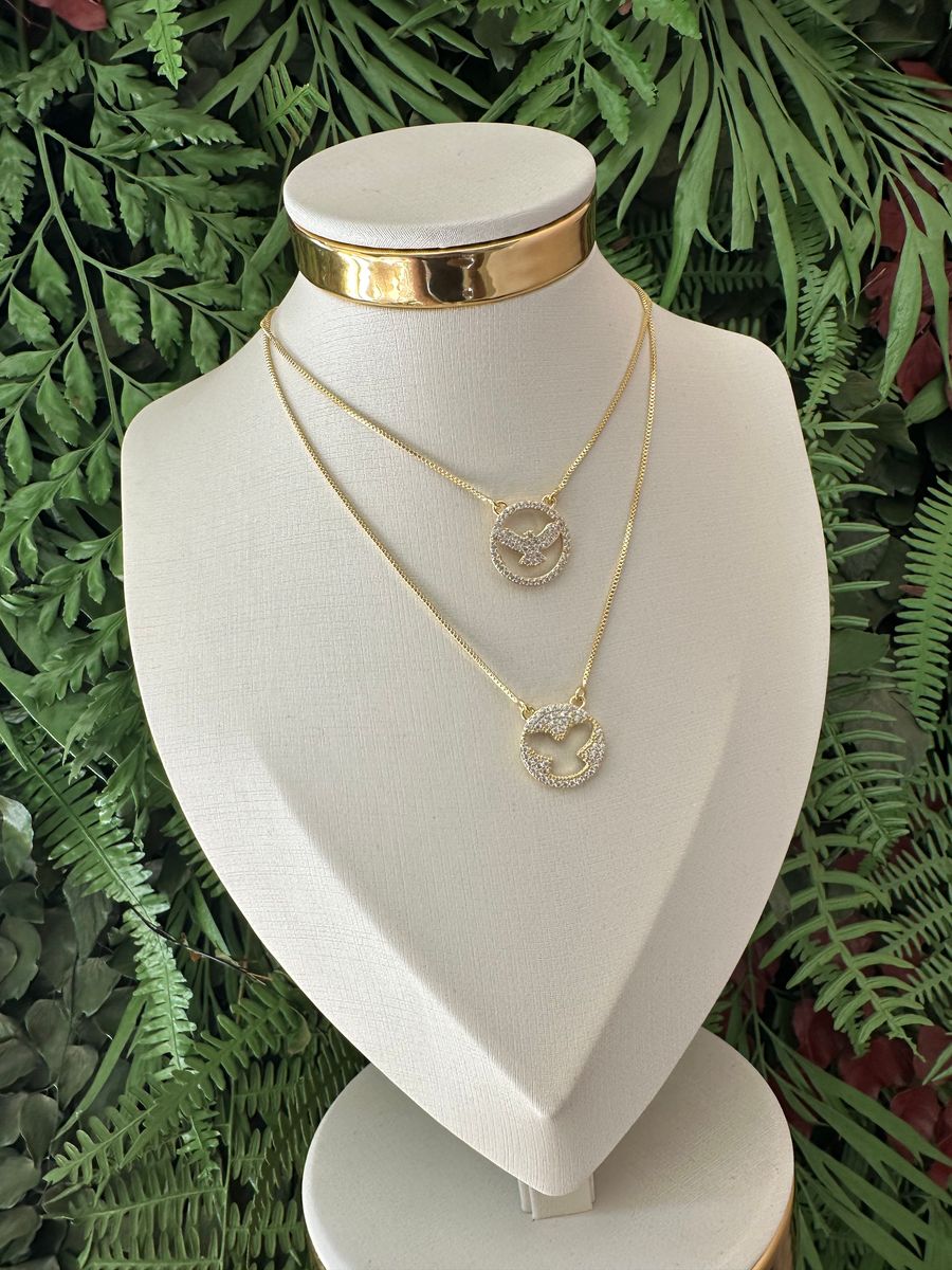 Colar Escapulario Espirito Santo Cravejado e Vazado Ouro 18 k
