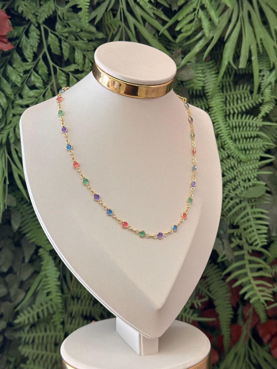 Choker Bolinhas Zirconias Coloridas Ouro 18 k