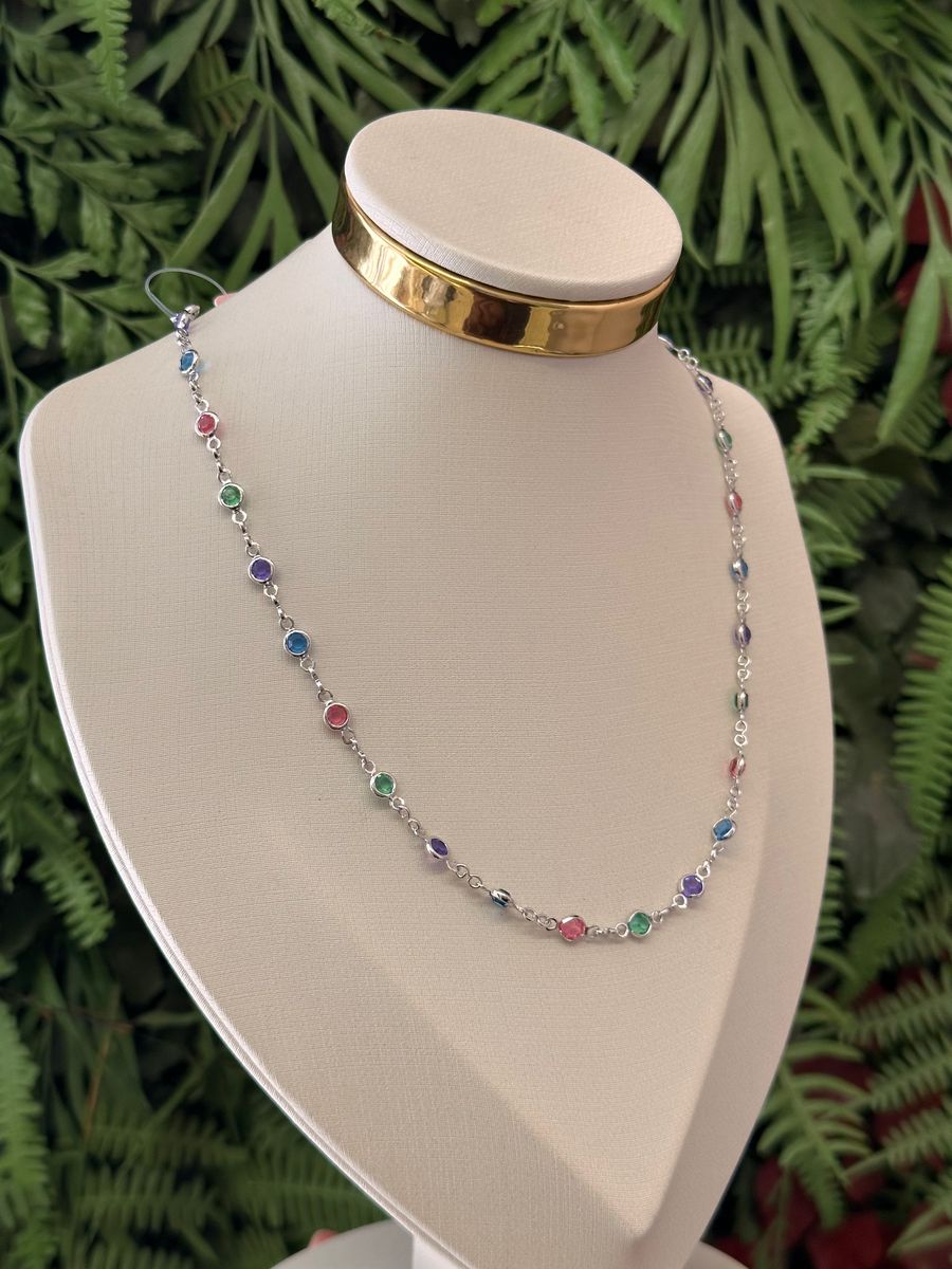 Choker Bolinhas Zirconias Coloridas Ródio Branco