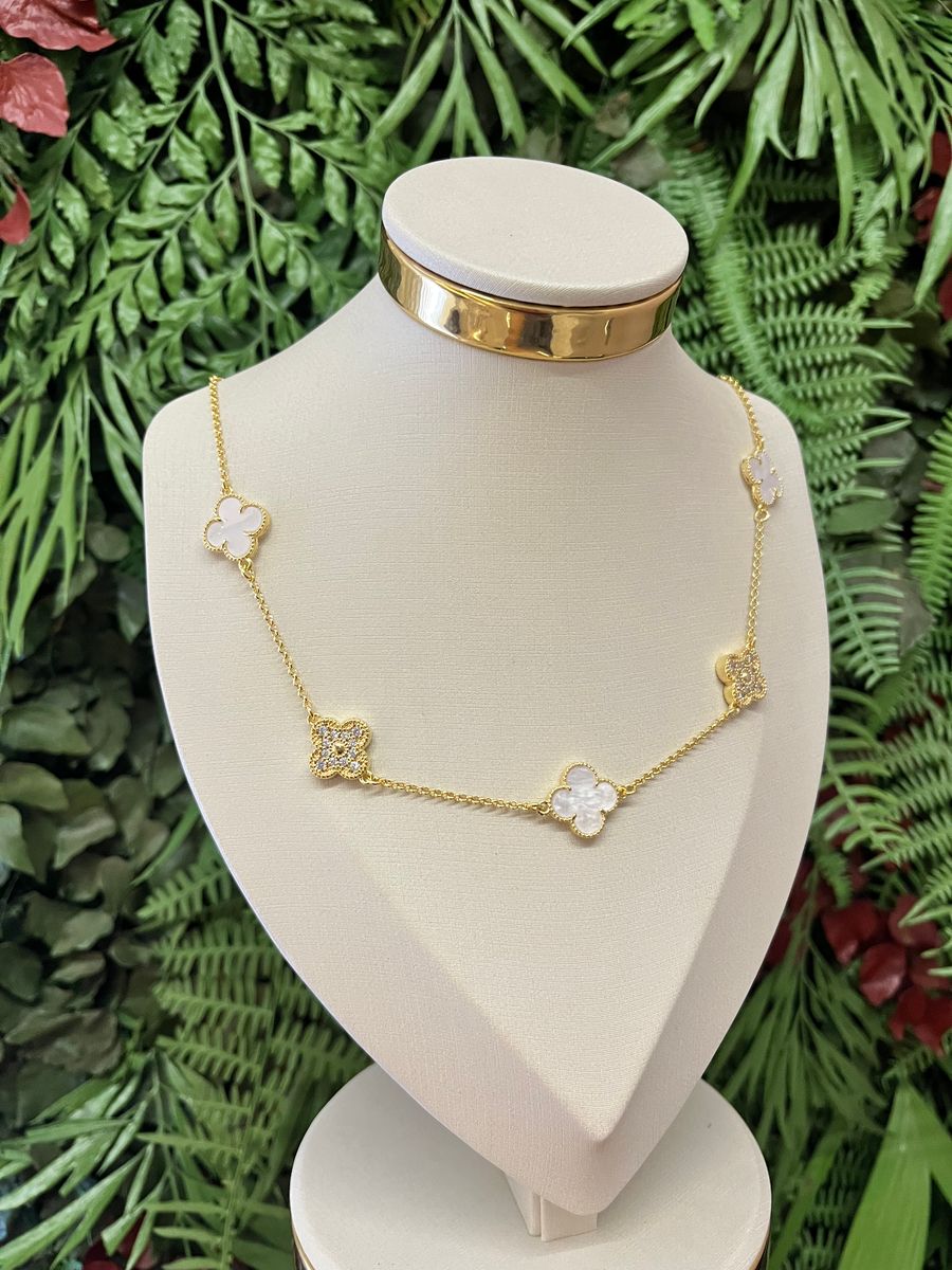 Choker 4 Trevo Glam Marmore e Cravejados Ouro 18 k