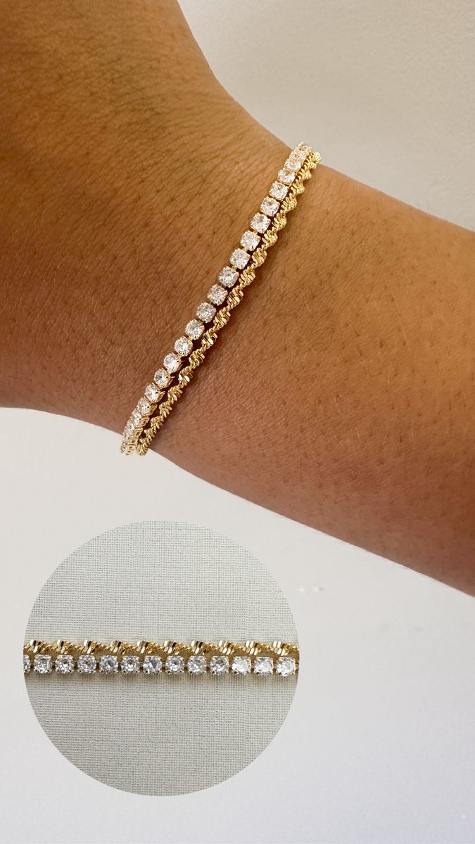 Pulseiras Dupla Riviera e Corrente Torcida Ouro 18 k