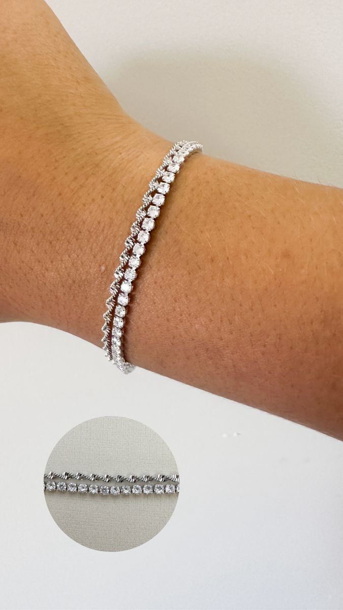 Pulseiras Dupla Riviera e Corrente Torcida Ródio Branco