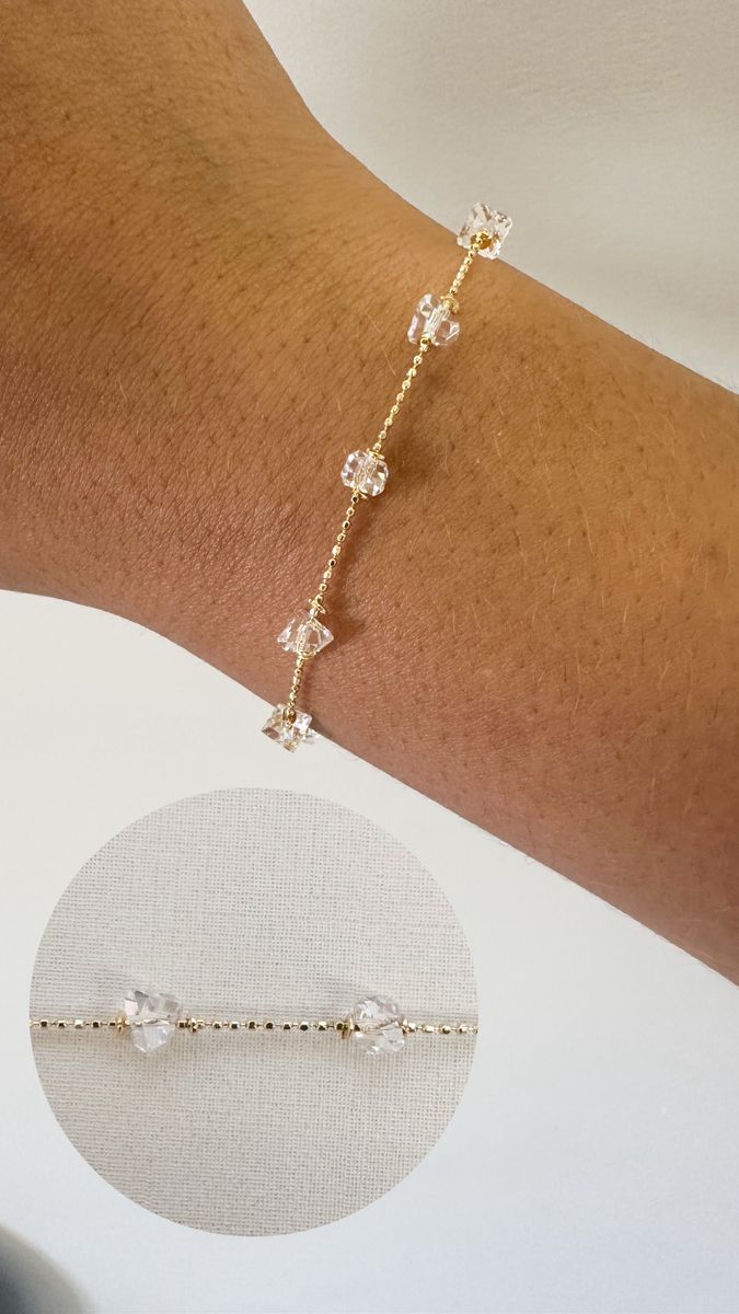 Pulseiras Cristal de Vidro Corrente Micro Bola Ródio Branco