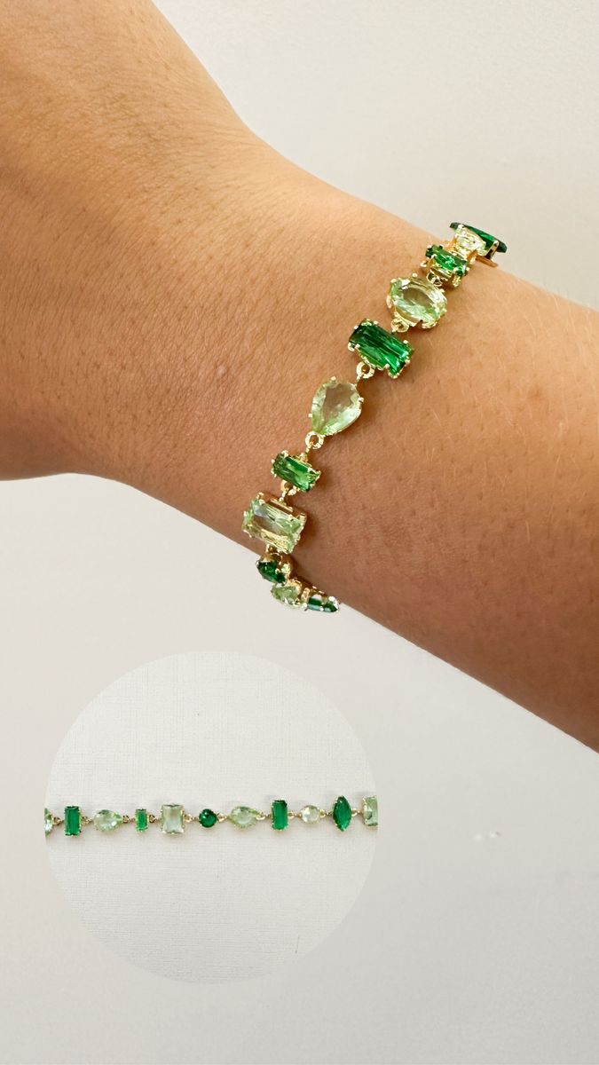 Pulseiras Inspiracao Pedra de Vidro Tons Verde Ouro 18 k