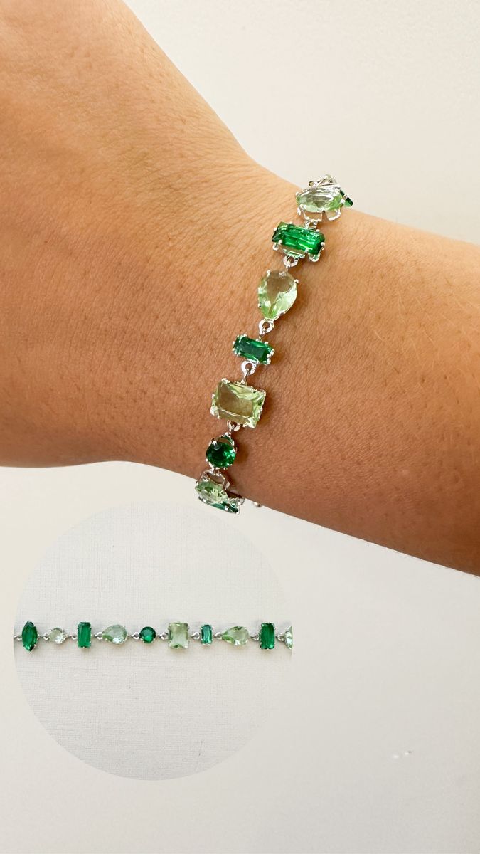 Pulseiras Inspiracao Pedra de Vidro Tons Verde Ródio Branco