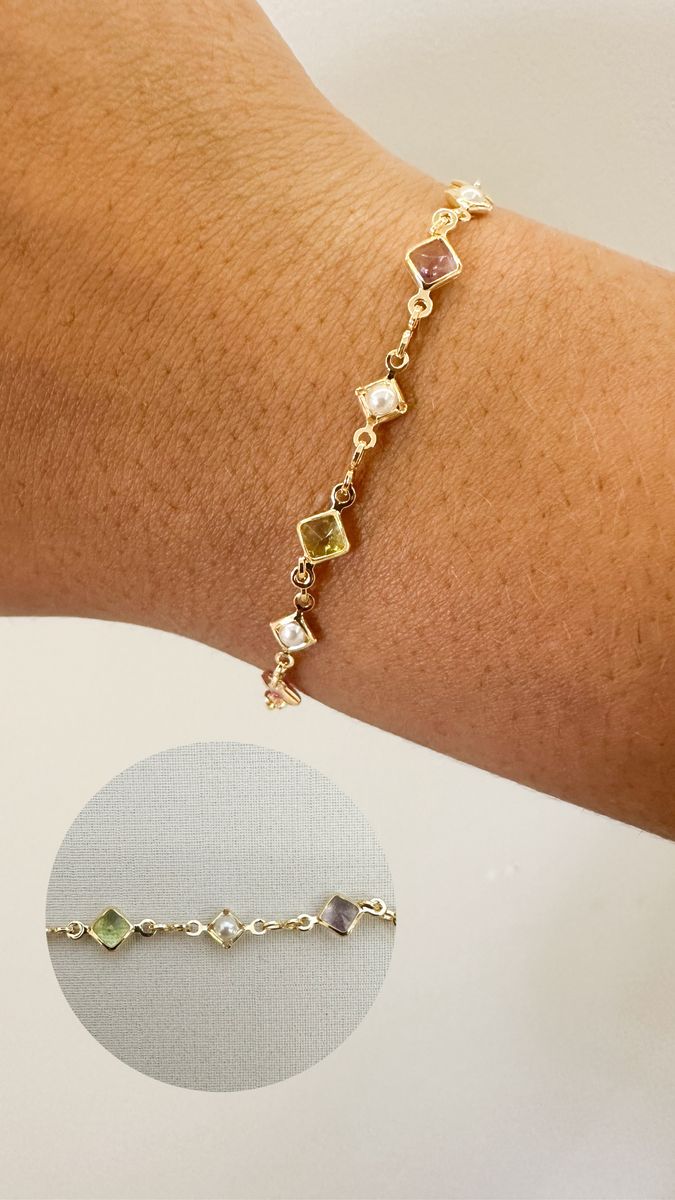 Pulseiras Losango Colorido e Pérola Ouro 18 k