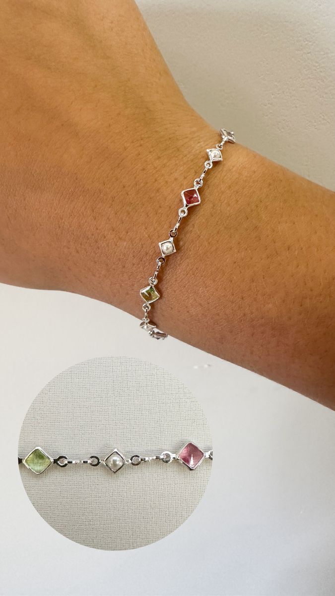 Pulseiras Losango Colorido e Pérola Ródio Branco
