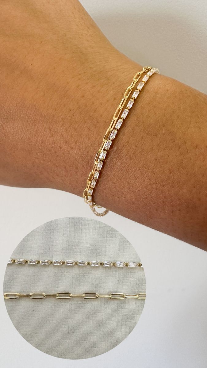 Pulseiras Dupla Baguete com Cartie Ouro 18 k