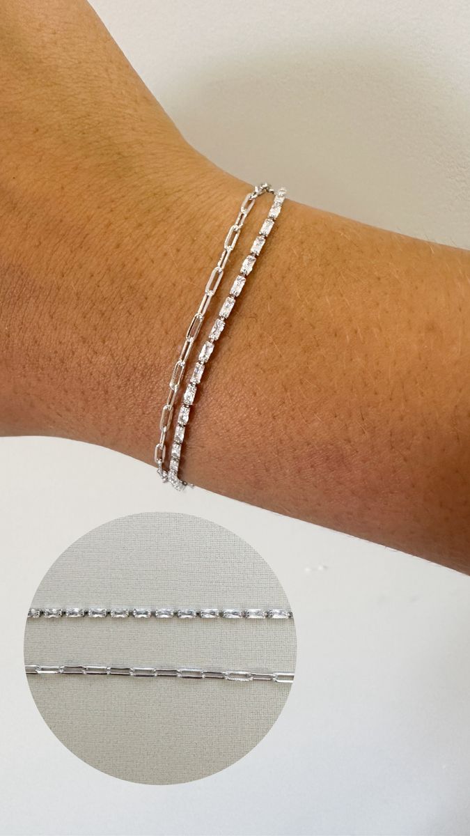 Pulseiras Dupla Baguete com Cartie Ródio Branco