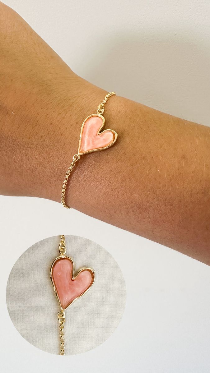 Pulseiras Organica de Coração Rosa Claro Ouro 18 k