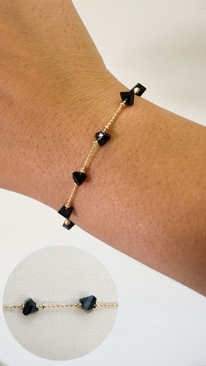 Pulseiras Cristais de Vidro Preto Corrente Micro Bola Ouro 18 k