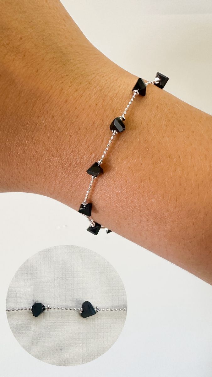 Pulseiras Cristais de Vidro Preto Corrente Micro Bola Ródio Branco