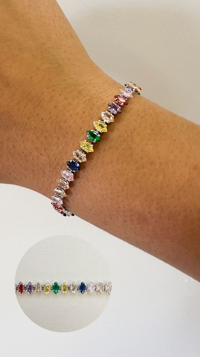 Pulseiras Navete Glam 3X6MM Coloridas Ródio Branco