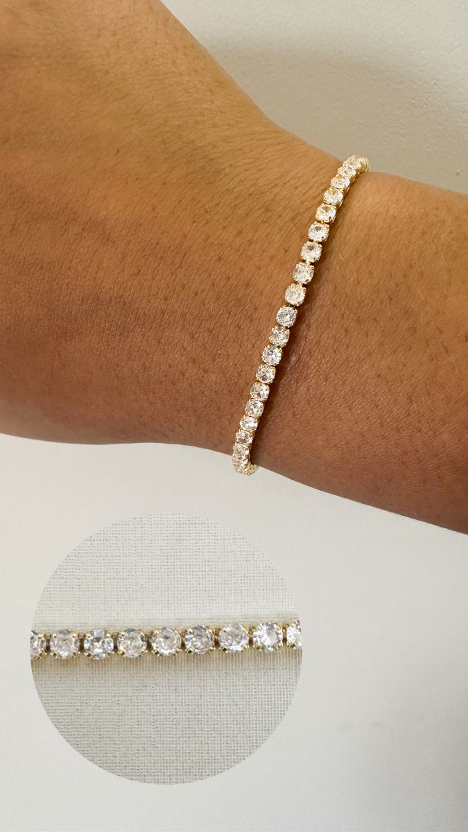 Pulseiras Riviera 3mm Zirconias Cristais Ouro 18 k